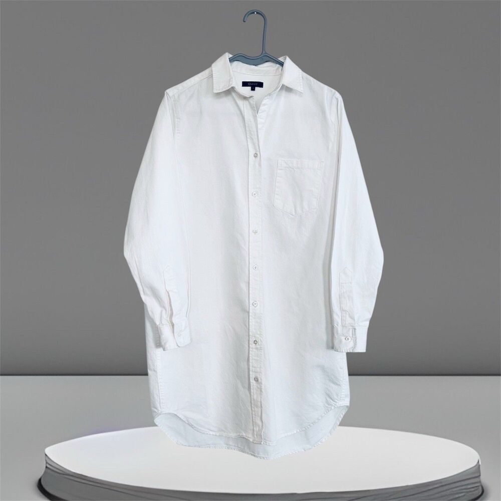 Quince Women Distressed Denim Shirt Dress Off-White S EUC  Minimalist Capsule